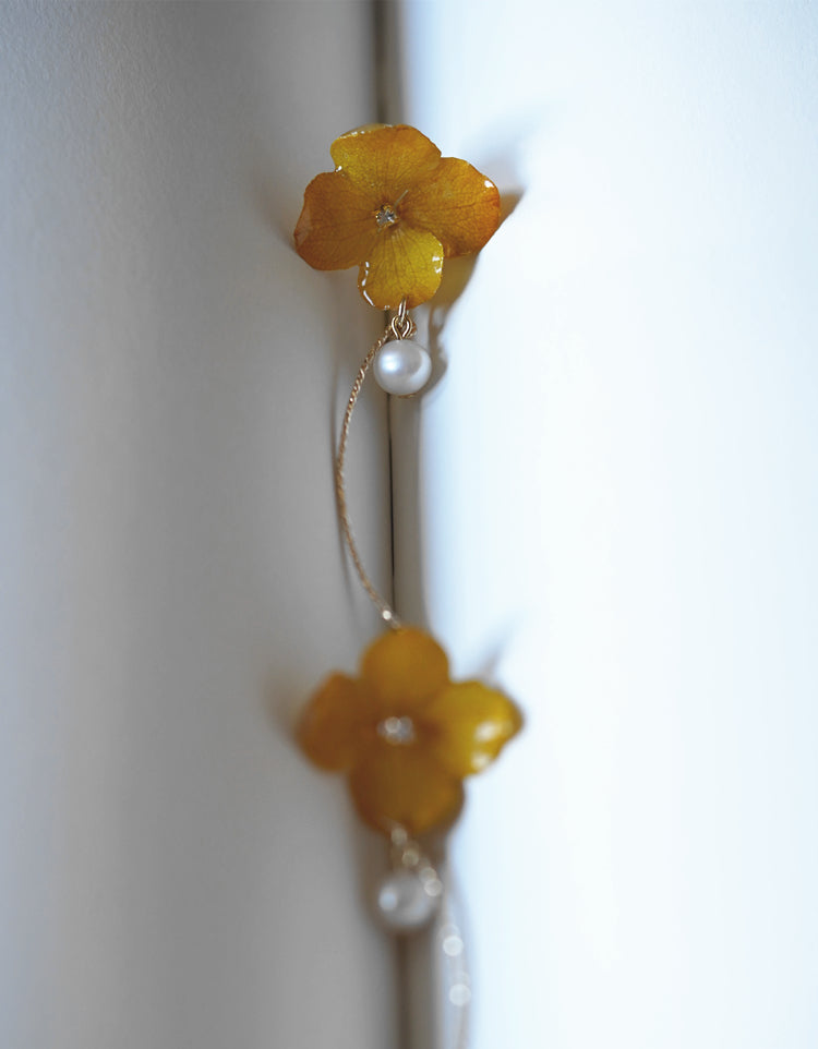 Hydrangea Pearl handmade resin pressed multi flower dangle/ clip-ons earrings, resin dried/ real flower jewelry with Hypoallergenic S925 Sterling Silver