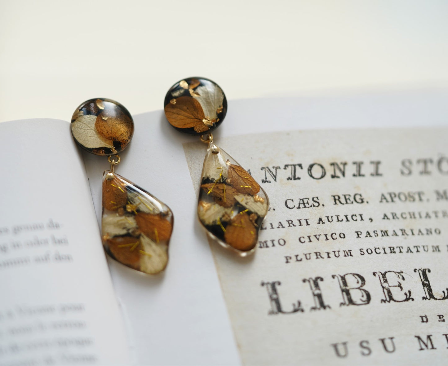 Autumn Garden handmade resin pressed multi flower dangle/ clip-ons earrings, resin dried/ real flower jewelry with Hypoallergenic S925 Sterling Silver