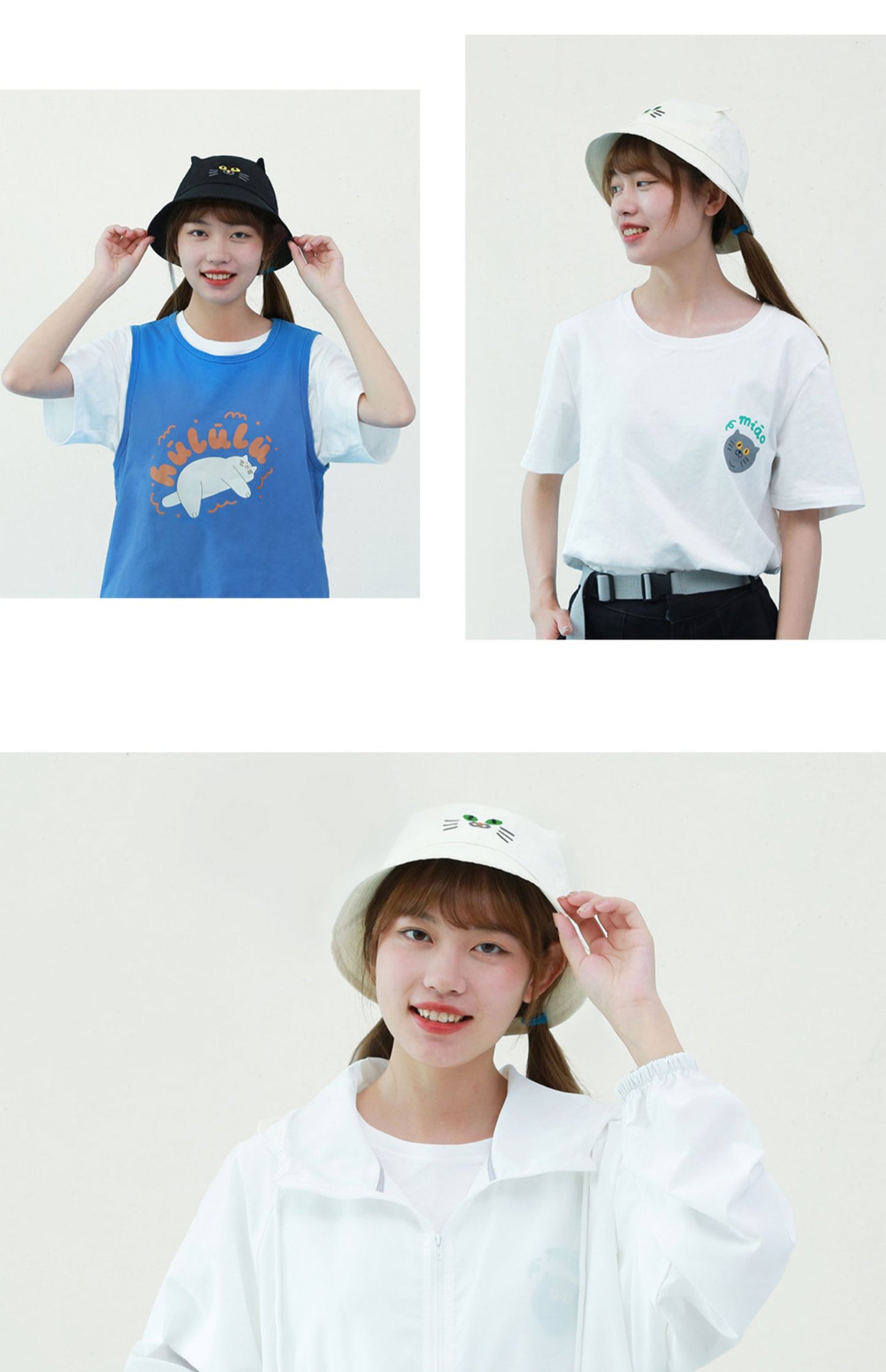 Cute Fashionable Kitty Cat Face Bucket Hat Unisex (Black/ White)