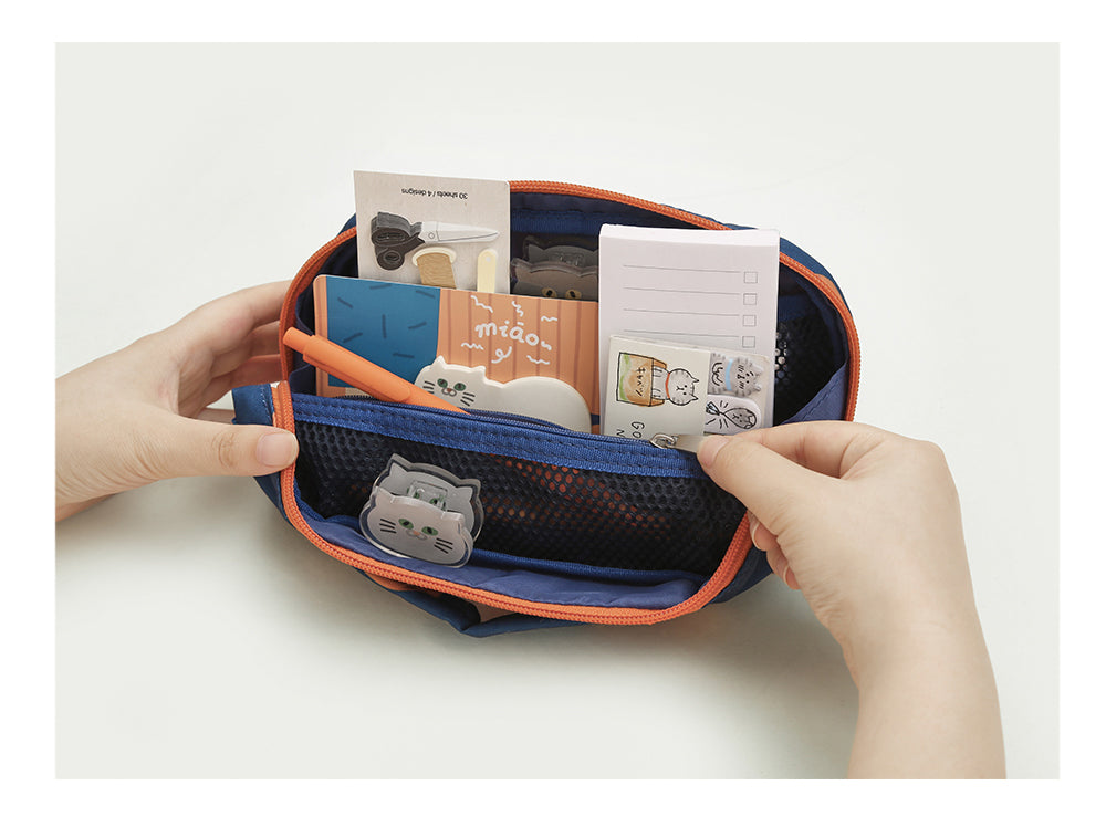 Cute Blue Cat Pencil Stationary Case/ Bag with Fluffy Cat Accessory for school/ kids/ girls, suitable for school or casual