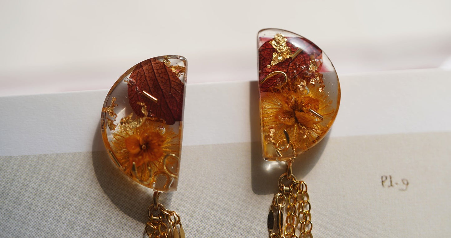 Crescent Gold handmade resin pressed multi flower dangle/ clip-ons earrings, resin dried/ real flower jewelry with Hypoallergenic S925 Sterling Silver