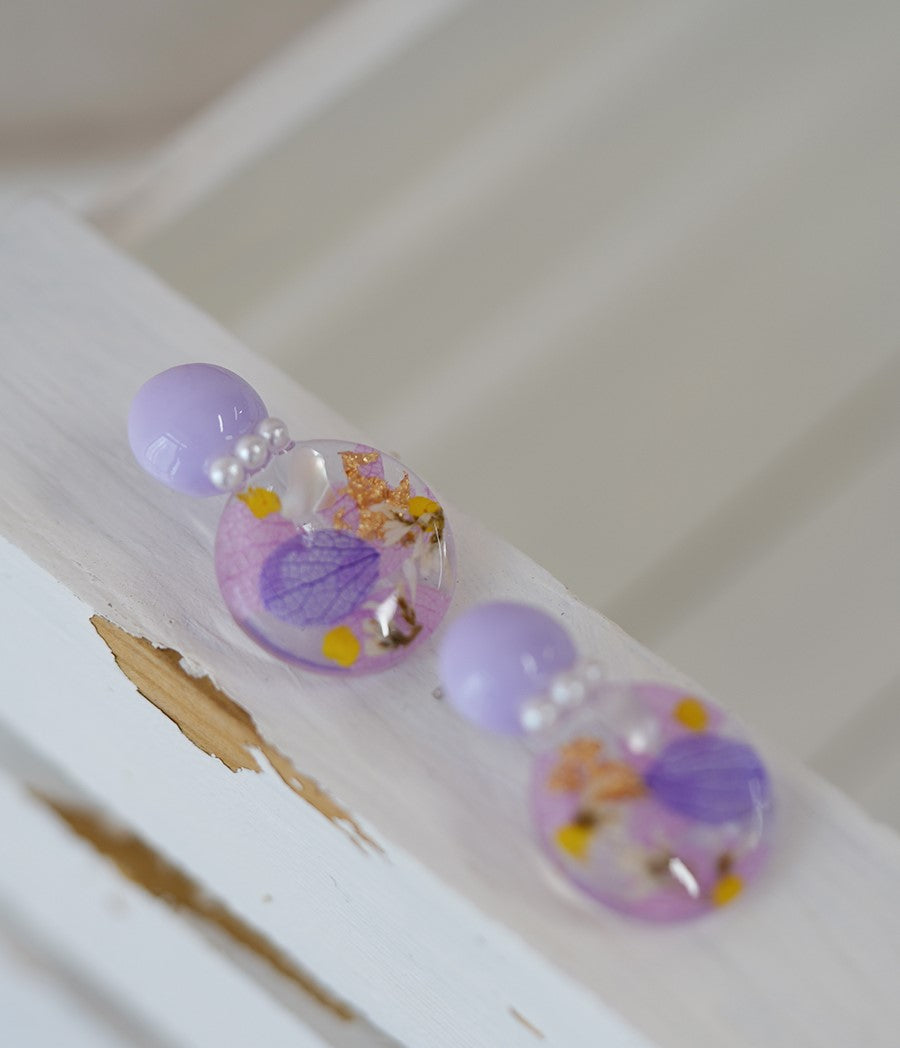 Purple Hydrangea handmade resin pressed multi flower dangle/ clip-ons earrings, resin dried/ real flower jewelry with Hypoallergenic S925 Sterling Silver