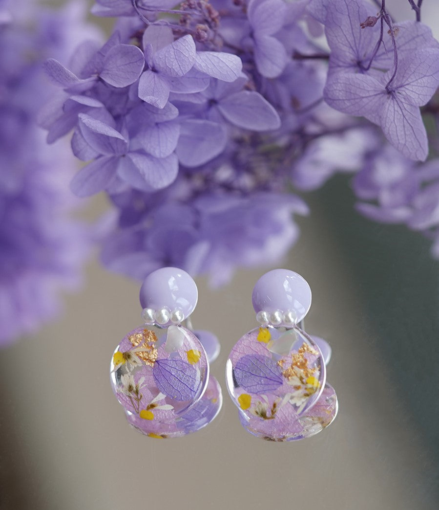 Purple Hydrangea handmade resin pressed multi flower dangle/ clip-ons earrings, resin dried/ real flower jewelry with Hypoallergenic S925 Sterling Silver