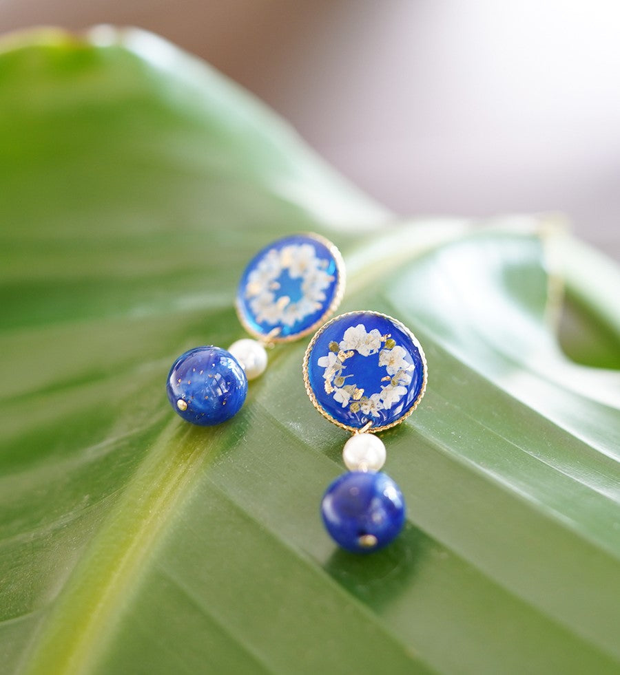 Blue Garden handmade resin pressed multi flower dangle/ clip-ons earrings, resin dried/ real flower jewelry with Hypoallergenic S925 Sterling Silver