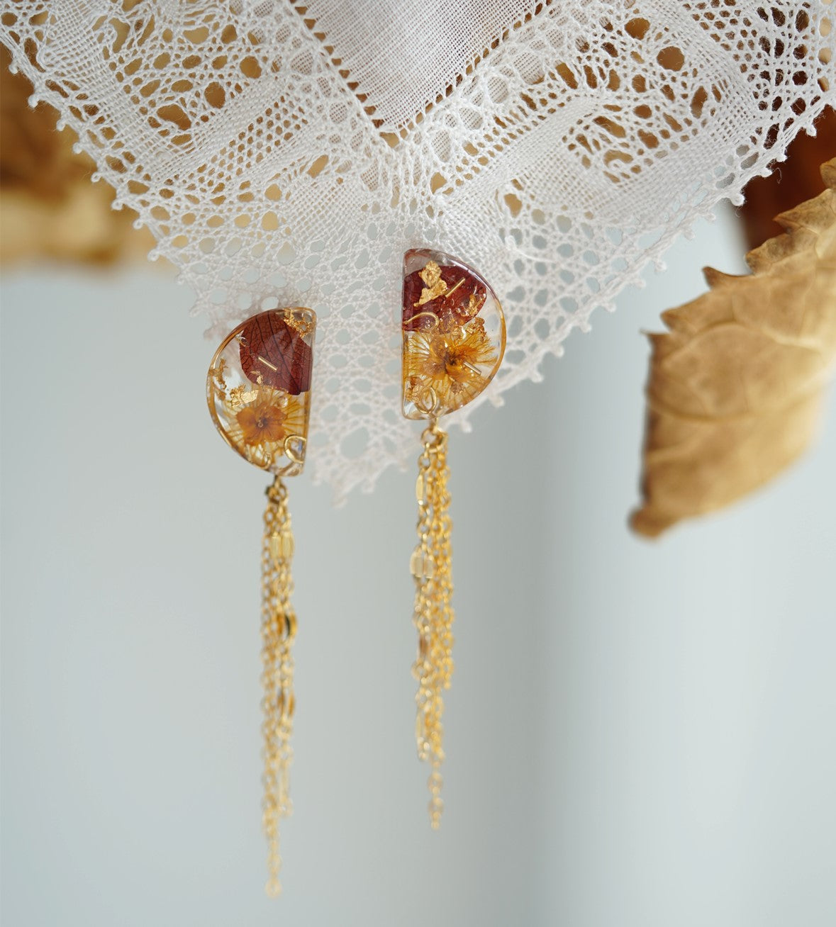 Crescent Gold handmade resin pressed multi flower dangle/ clip-ons earrings, resin dried/ real flower jewelry with Hypoallergenic S925 Sterling Silver