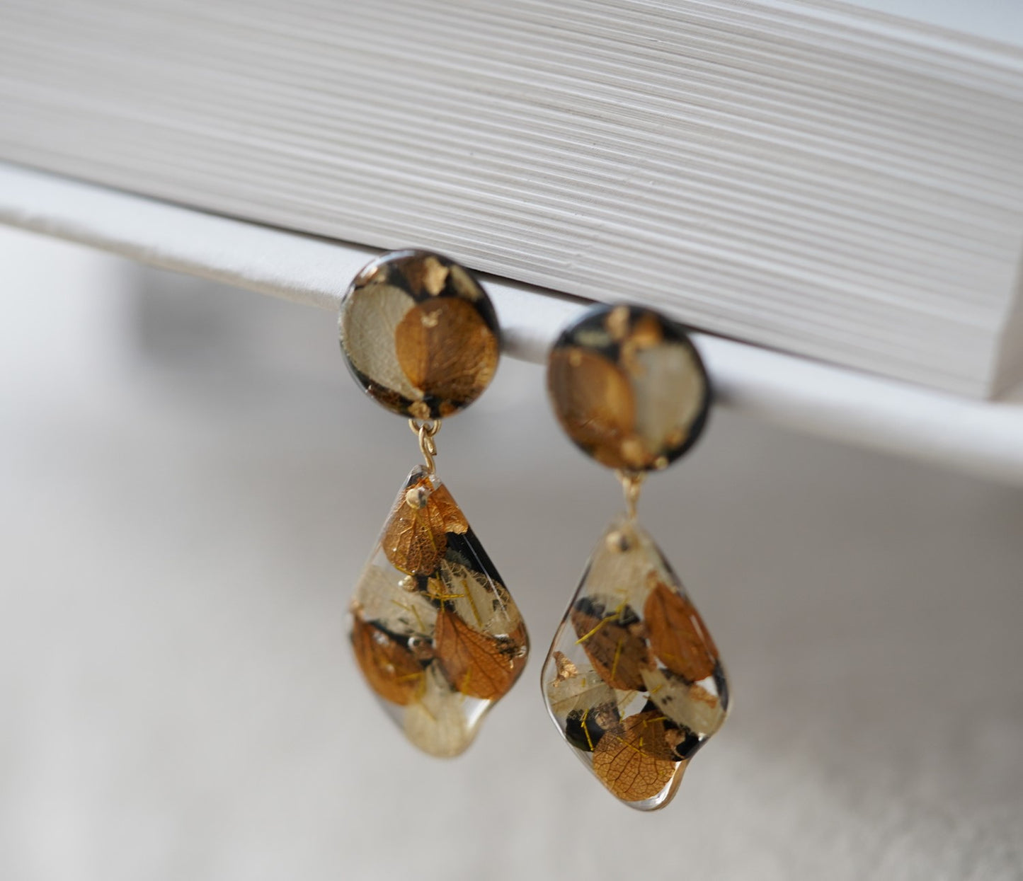 Autumn Garden handmade resin pressed multi flower dangle/ clip-ons earrings, resin dried/ real flower jewelry with Hypoallergenic S925 Sterling Silver