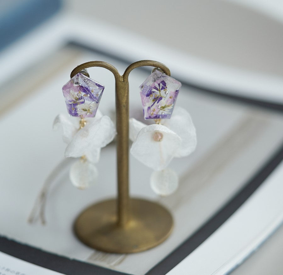 Valentine's Day Gift Romantic handmade resin pressed multi flower dangle/ clip-ons earrings, resin dried/ real flower jewelry with Hypoallergenic S925 Sterling Silver