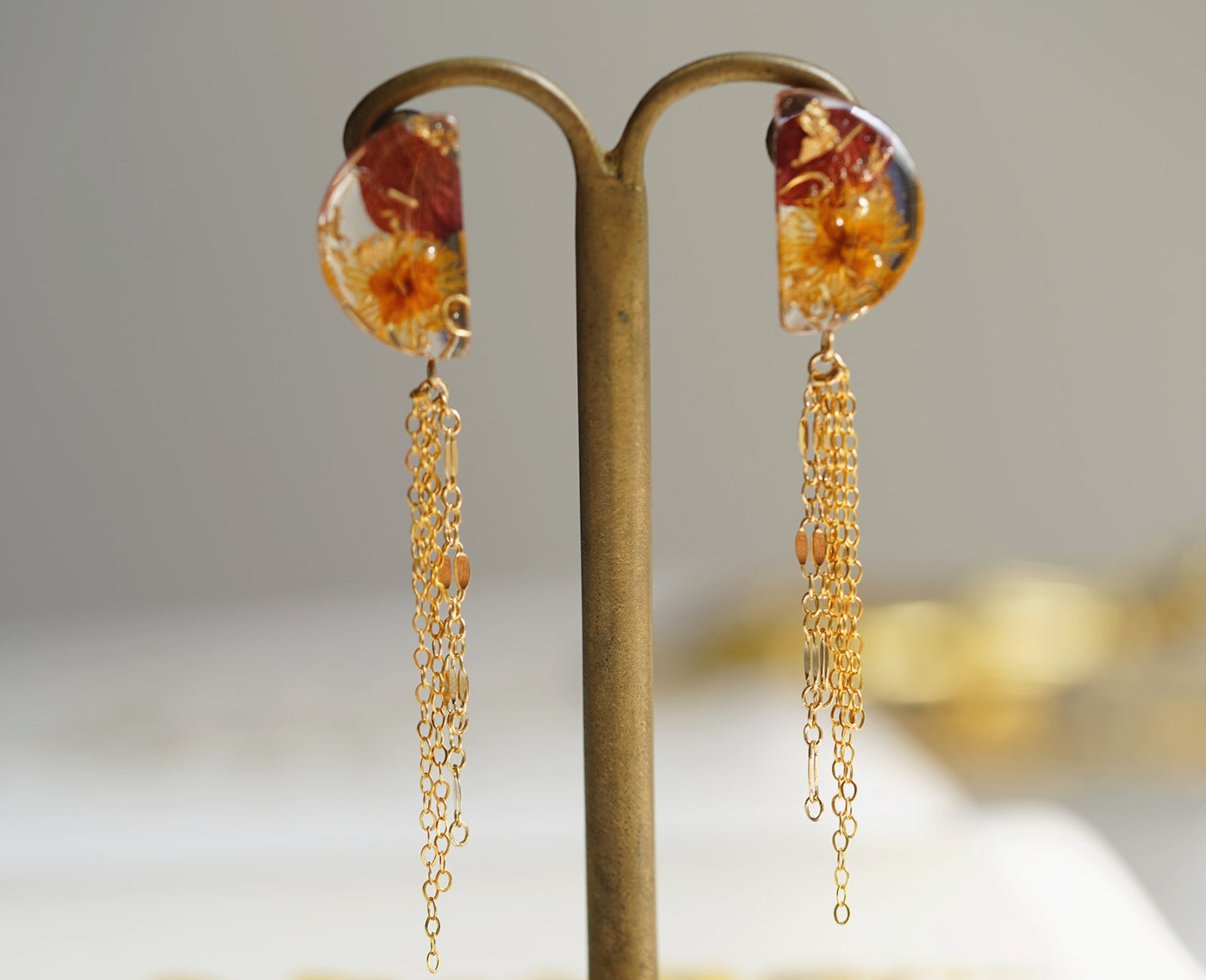 Crescent Gold handmade resin pressed multi flower dangle/ clip-ons earrings, resin dried/ real flower jewelry with Hypoallergenic S925 Sterling Silver