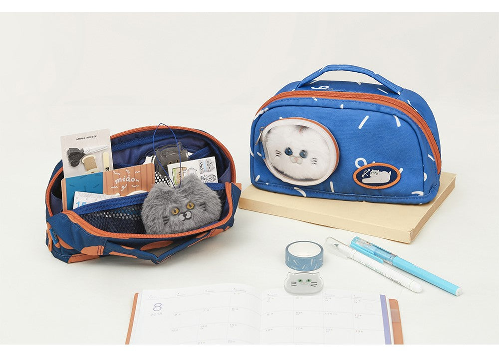 Cute Blue Cat Pencil Stationary Case/ Bag with Fluffy Cat Accessory for school/ kids/ girls, suitable for school or casual