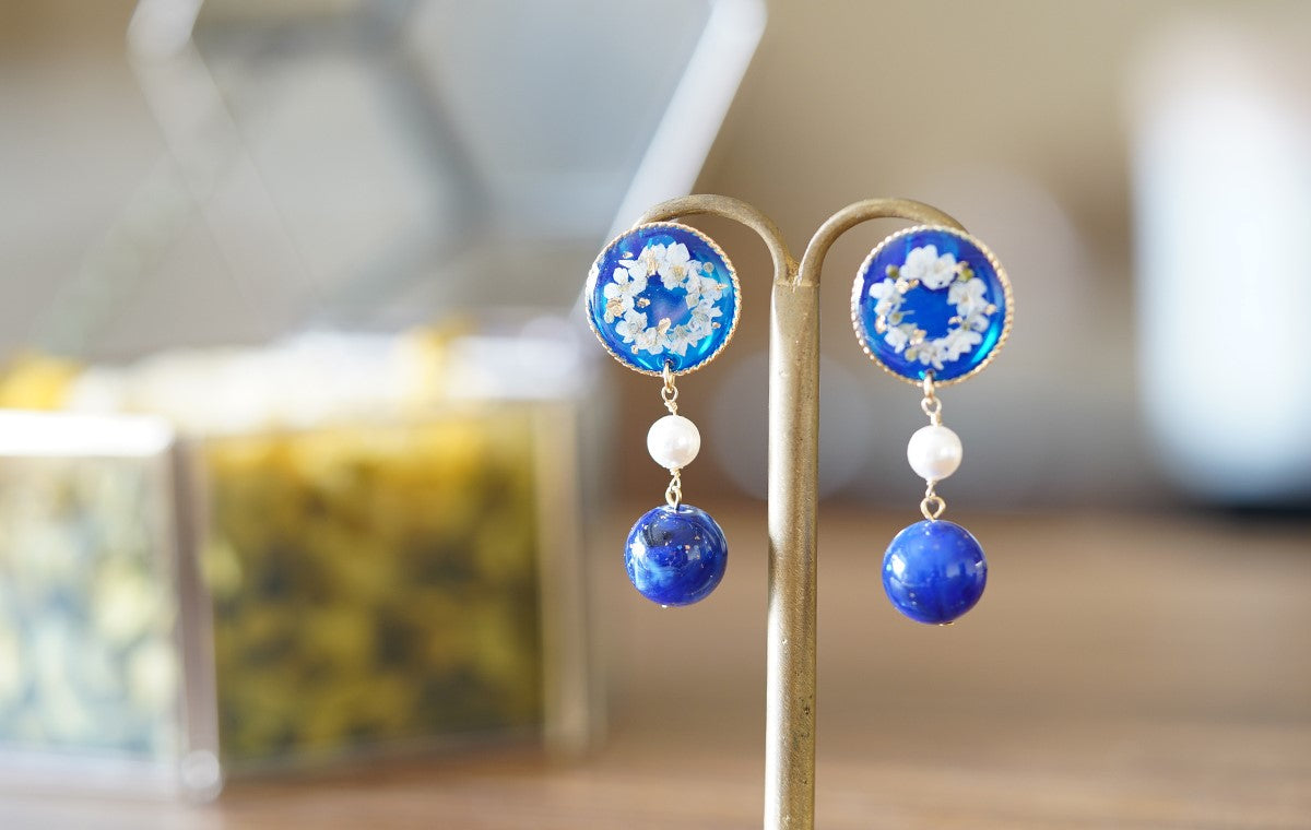Blue Garden handmade resin pressed multi flower dangle/ clip-ons earrings, resin dried/ real flower jewelry with Hypoallergenic S925 Sterling Silver