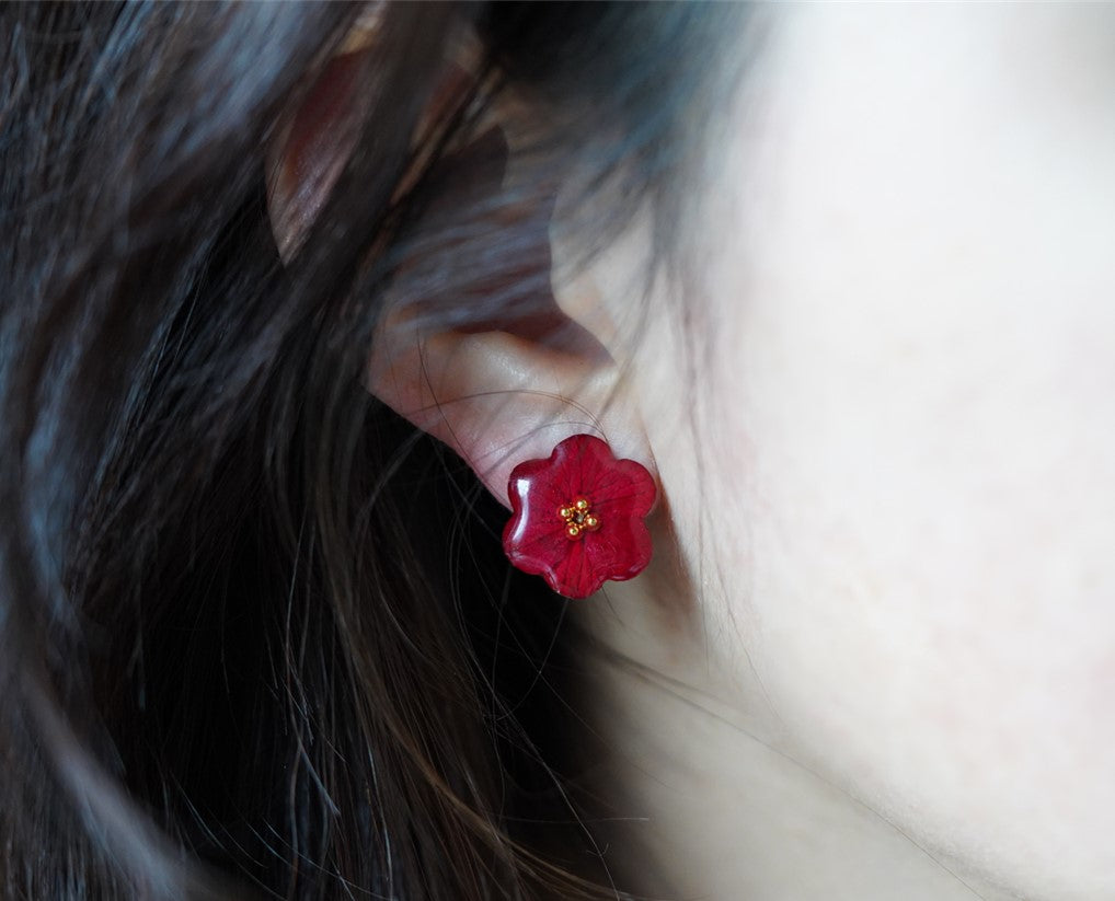 Red Rose handmade resin pressed multi flower stud/ clip-ons earrings, resin dried/ real flower jewelry with Hypoallergenic S925 Sterling Silver