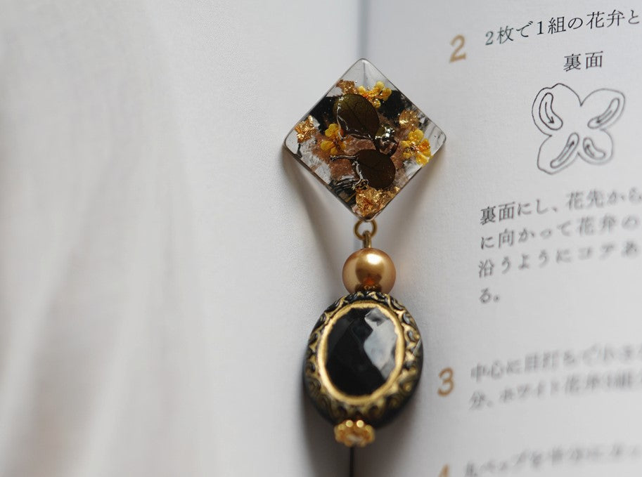 Elegant Black handmade resin pressed multi flower stud/ clip-ons earrings, resin dried/ real flower jewelry with Hypoallergenic S925 Sterling Silver