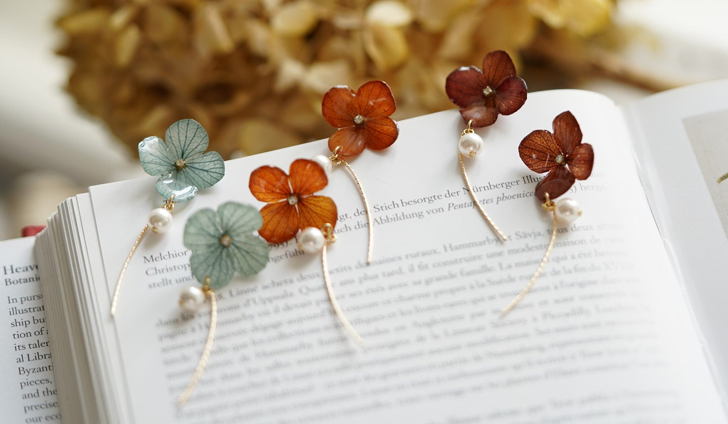 Hydrangea Pearl handmade resin pressed multi flower dangle/ clip-ons earrings, resin dried/ real flower jewelry with Hypoallergenic S925 Sterling Silver