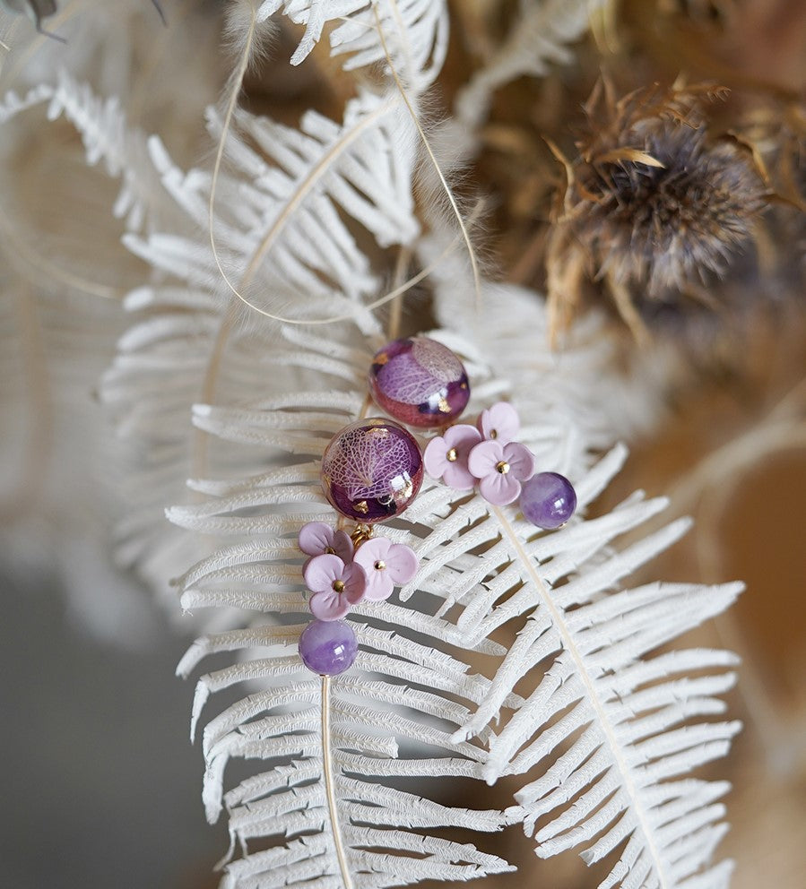 Lilac Handmade Flower Dangle Earrings with Natural Stone