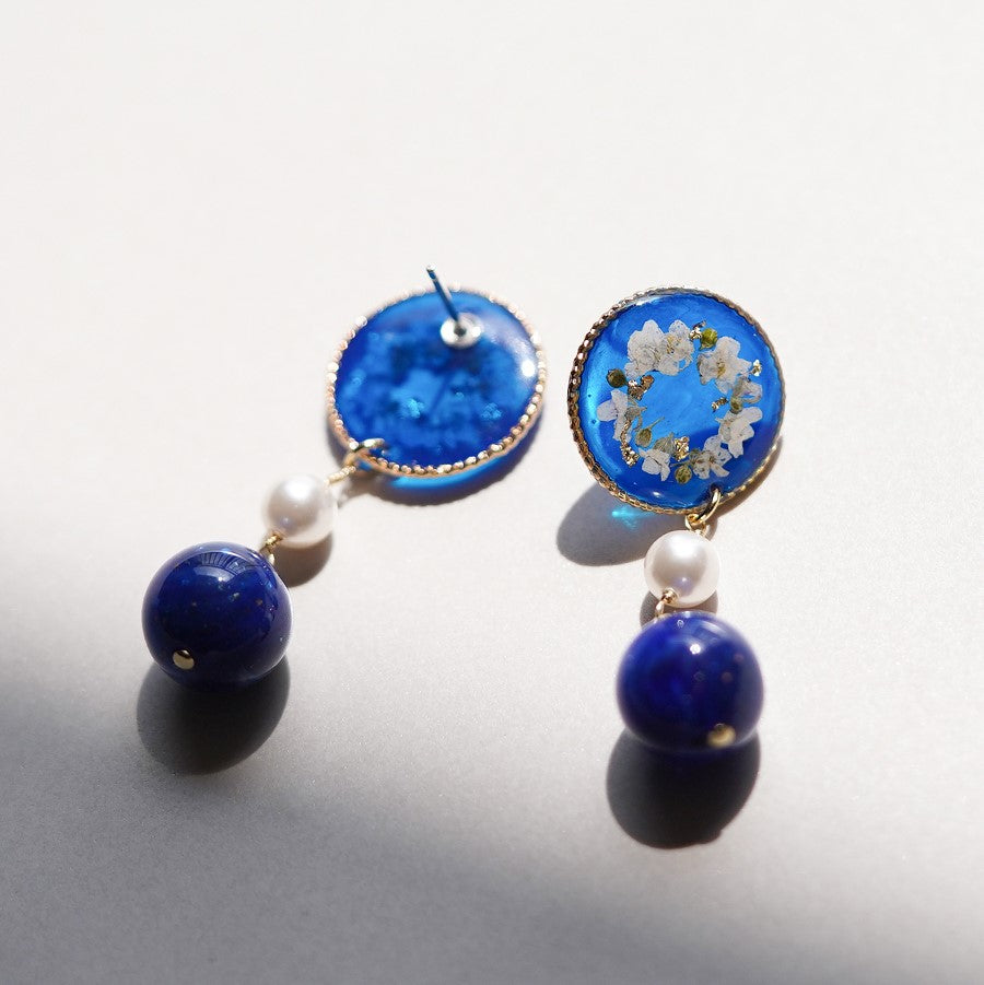 Blue Garden handmade resin pressed multi flower dangle/ clip-ons earrings, resin dried/ real flower jewelry with Hypoallergenic S925 Sterling Silver