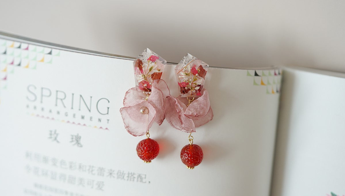 Valentine's Day Gift Romantic handmade resin pressed multi flower dangle/ clip-ons earrings, resin dried/ real flower jewelry with Hypoallergenic S925 Sterling Silver