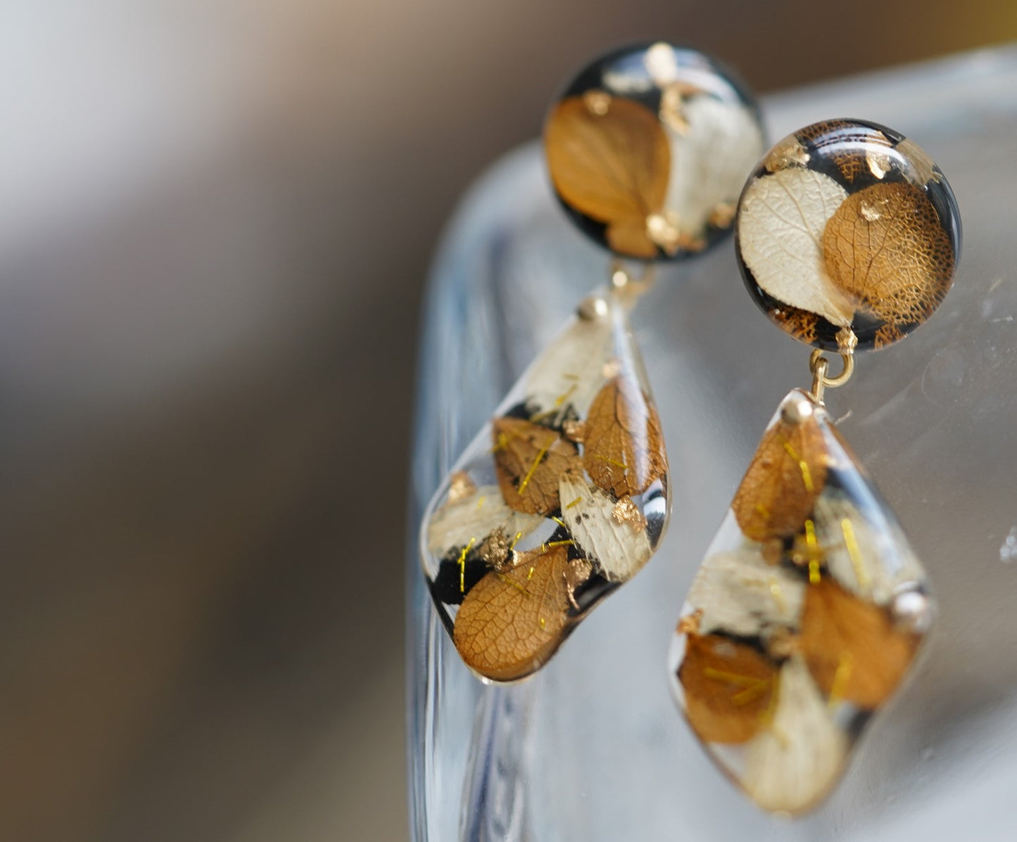 Autumn Garden handmade resin pressed multi flower dangle/ clip-ons earrings, resin dried/ real flower jewelry with Hypoallergenic S925 Sterling Silver