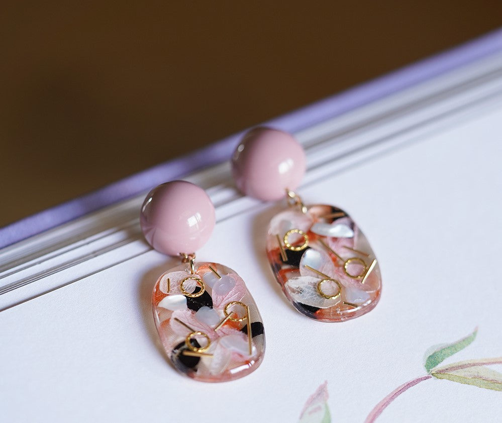 Vintage Pink handmade resin pressed multi flower dangle/ clip-ons earrings, resin dried/ real flower jewelry with Hypoallergenic S925 Sterling Silver