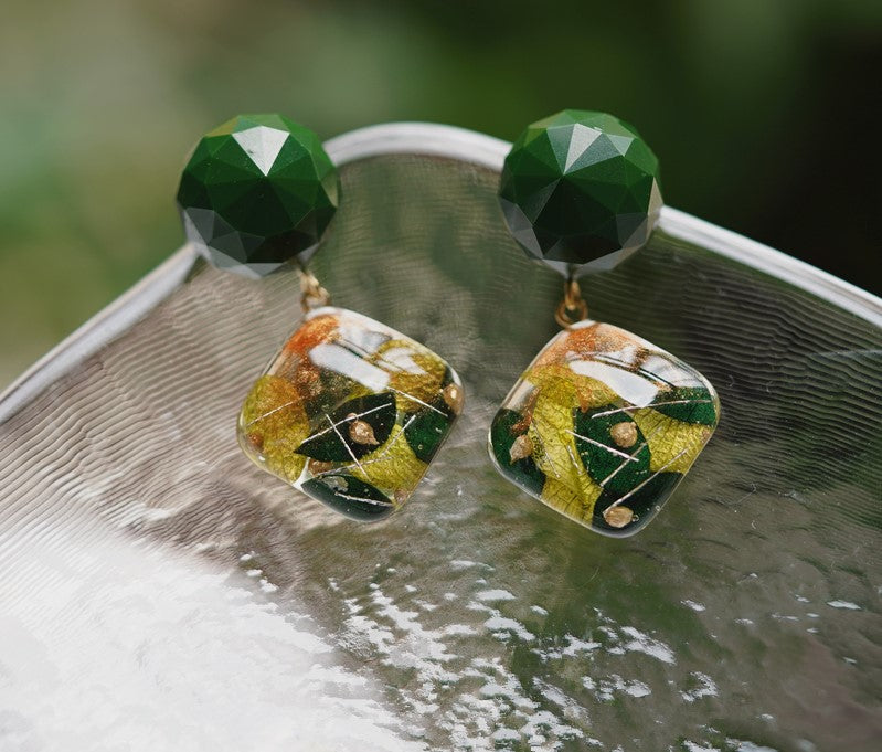 Vintage Green handmade resin pressed multi flower dangle/ clip-ons earrings, resin dried/ real flower jewelry with Hypoallergenic S925 Sterling Silver