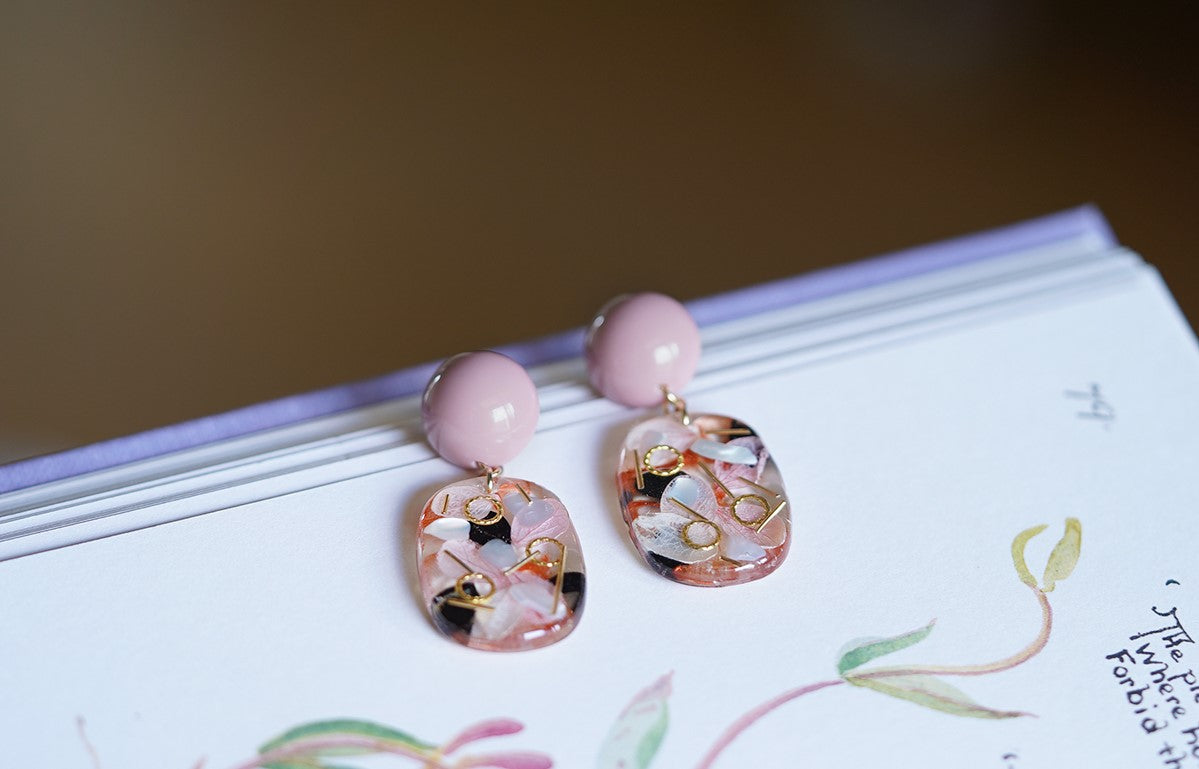 Vintage Pink handmade resin pressed multi flower dangle/ clip-ons earrings, resin dried/ real flower jewelry with Hypoallergenic S925 Sterling Silver