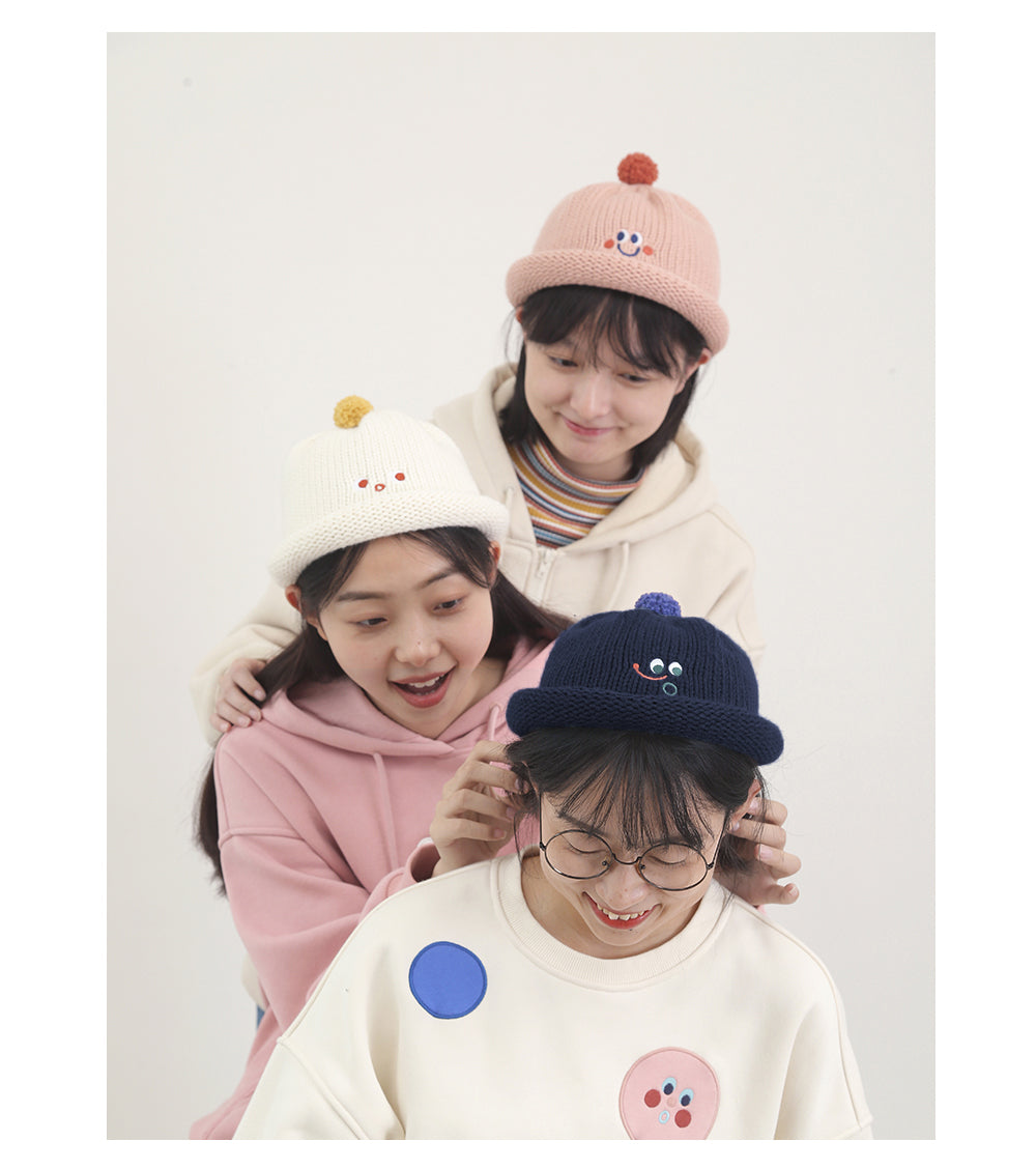 Cute Fashionable Knitted Beanie Hat Rolled Edge Unisex (White/ Pink Navy Blue) for school/ teenagers/ kids/ boys/ girls, suitable for travelling, going to school or casual hang out with friends.