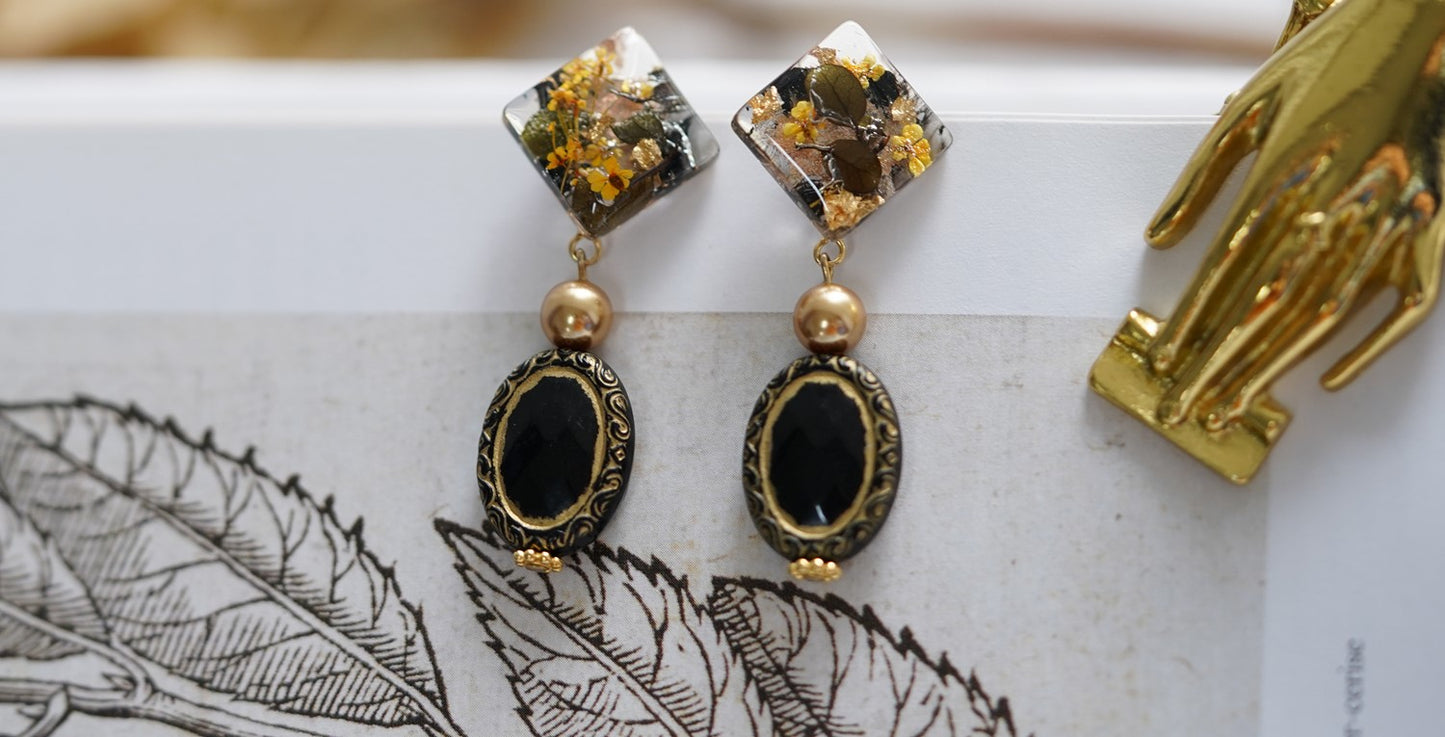 Elegant Black handmade resin pressed multi flower stud/ clip-ons earrings, resin dried/ real flower jewelry with Hypoallergenic S925 Sterling Silver