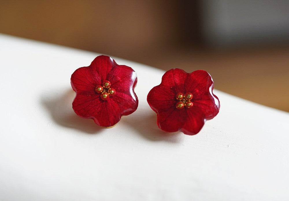 Red Rose handmade resin pressed multi flower stud/ clip-ons earrings, resin dried/ real flower jewelry with Hypoallergenic S925 Sterling Silver