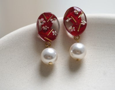 Crystal Pearl handmade resin pressed multi flower dangle/ clip-ons earrings, resin dried/ real flower jewelry with Hypoallergenic S925 Sterling Silver