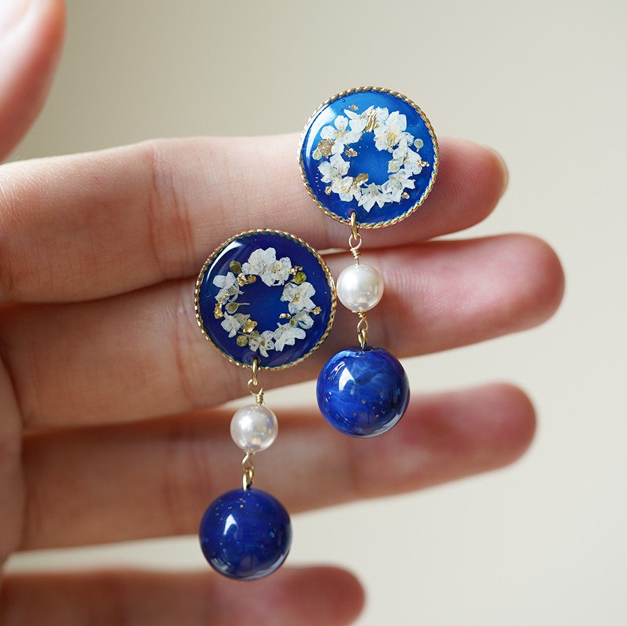 Blue Garden handmade resin pressed multi flower dangle/ clip-ons earrings, resin dried/ real flower jewelry with Hypoallergenic S925 Sterling Silver