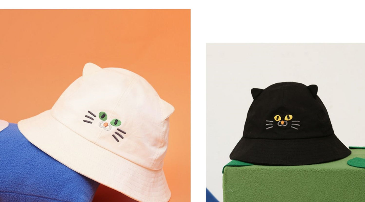 Cute Fashionable Kitty Cat Face Bucket Hat Unisex (Black/ White)