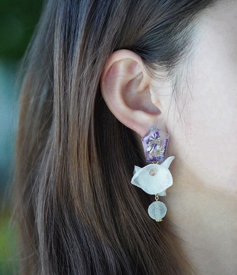 Valentine's Day Gift Romantic handmade resin pressed multi flower dangle/ clip-ons earrings, resin dried/ real flower jewelry with Hypoallergenic S925 Sterling Silver