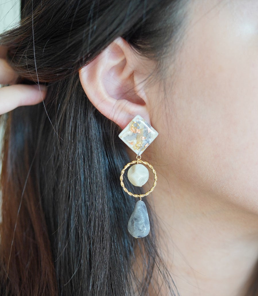Elegant Marble handmade resin pressed multi flower stud/ clip-ons earrings, resin dried/ real flower jewelry with Hypoallergenic S925 Sterling Silver