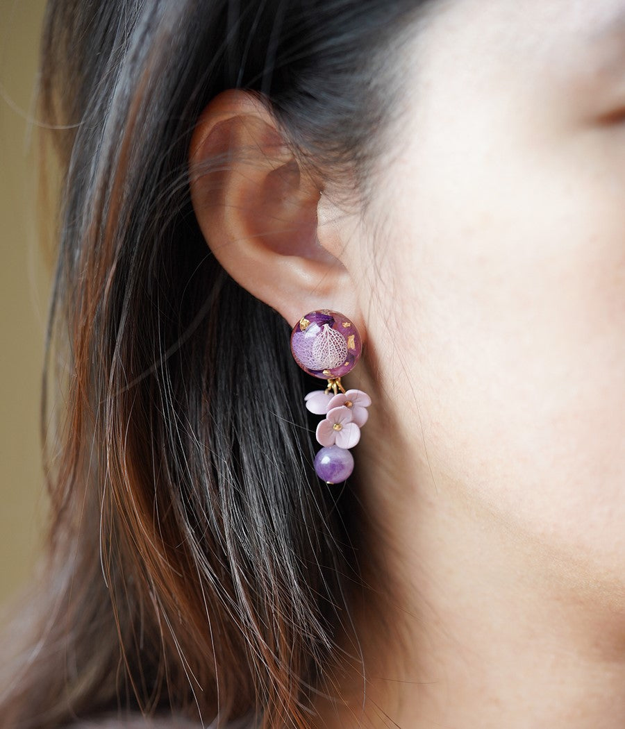 Lilac Handmade Flower Dangle Earrings with Natural Stone
