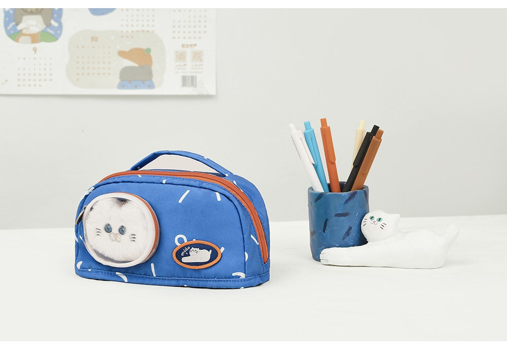 Cute Blue Cat Pencil Stationary Case/ Bag with Fluffy Cat Accessory for school/ kids/ girls, suitable for school or casual