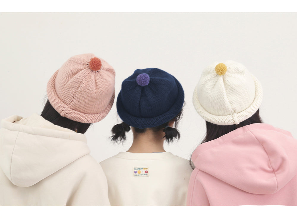 Cute Fashionable Knitted Beanie Hat Rolled Edge Unisex (White/ Pink Navy Blue) for school/ teenagers/ kids/ boys/ girls, suitable for travelling, going to school or casual hang out with friends.