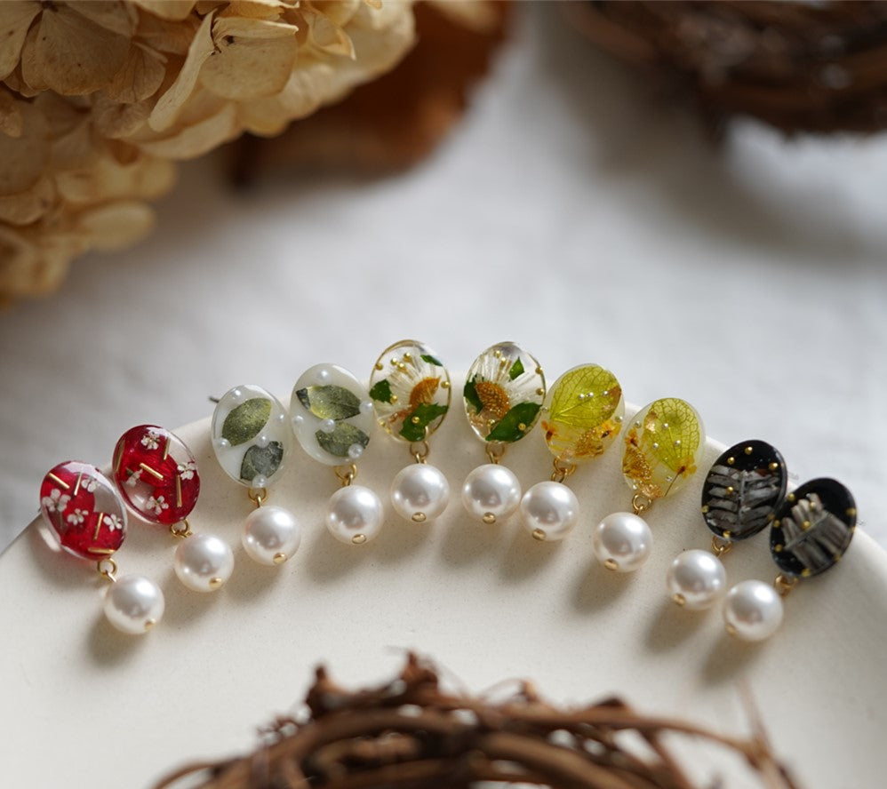 Crystal Pearl handmade resin pressed multi flower dangle/ clip-ons earrings, resin dried/ real flower jewelry with Hypoallergenic S925 Sterling Silver