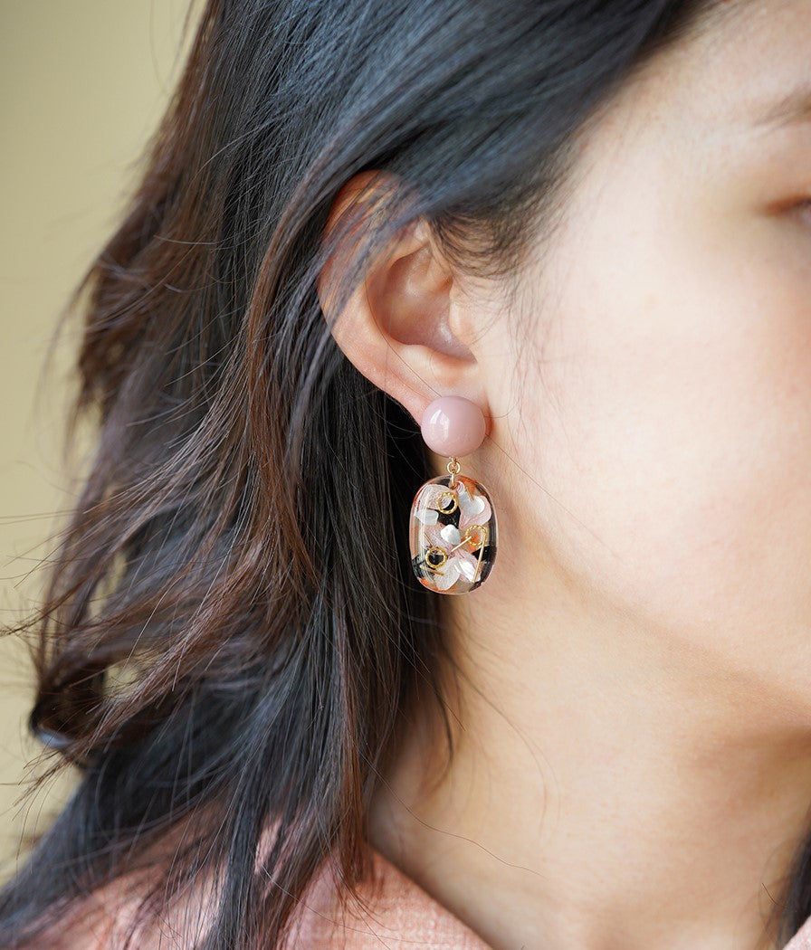Vintage Pink handmade resin pressed multi flower dangle/ clip-ons earrings, resin dried/ real flower jewelry with Hypoallergenic S925 Sterling Silver