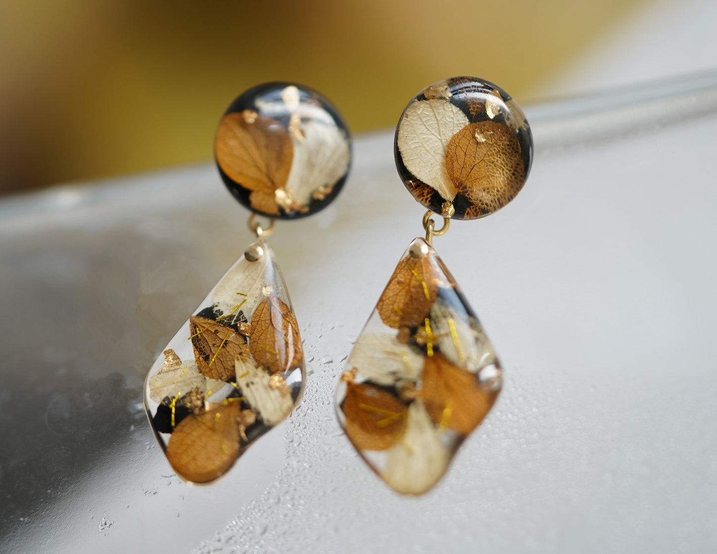 Autumn Garden handmade resin pressed multi flower dangle/ clip-ons earrings, resin dried/ real flower jewelry with Hypoallergenic S925 Sterling Silver