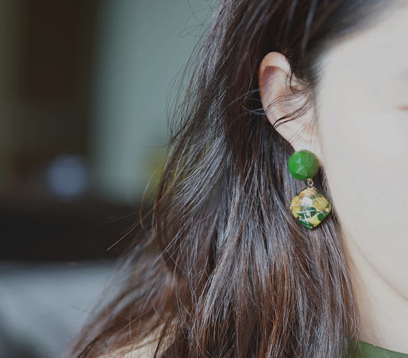 Vintage Green handmade resin pressed multi flower dangle/ clip-ons earrings, resin dried/ real flower jewelry with Hypoallergenic S925 Sterling Silver