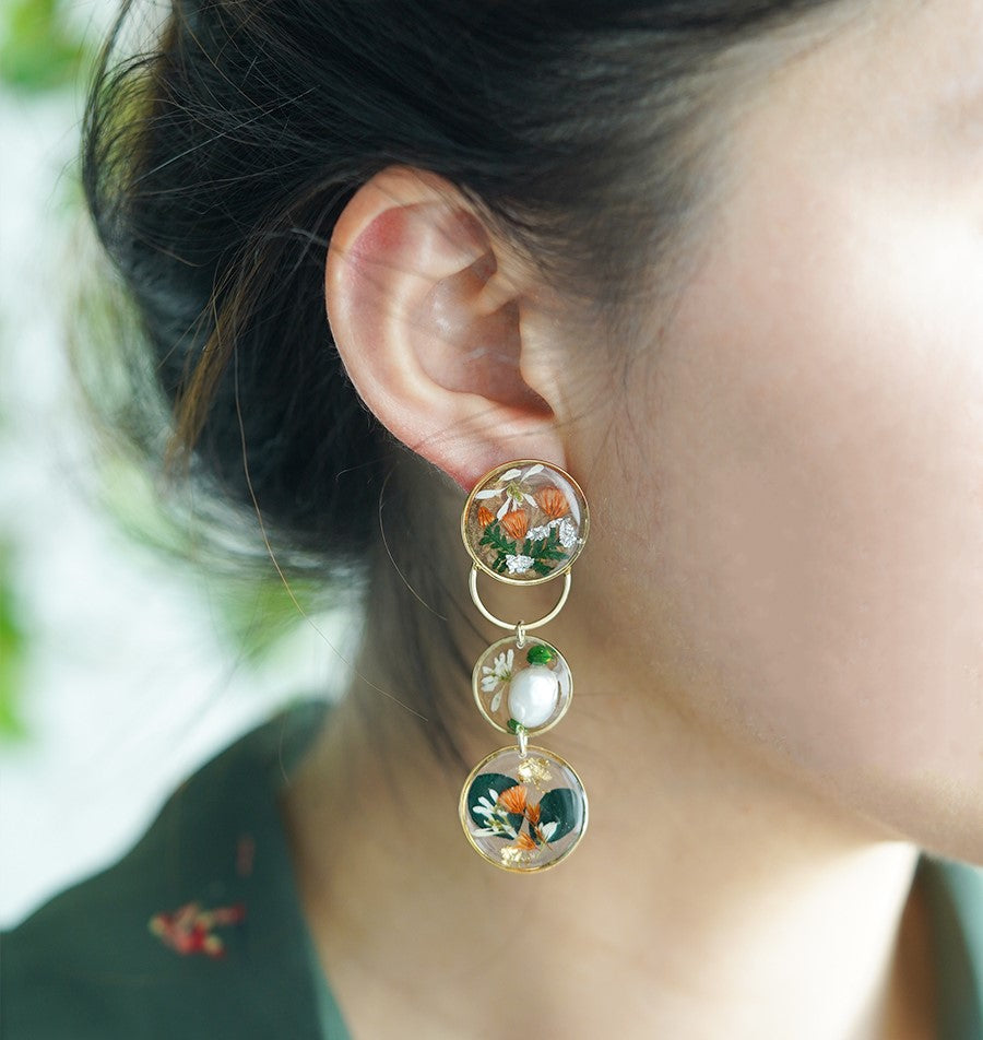 Spring garden handmade resin pressed multi flower dangle/ clip-ons earrings, resin dried/ real flower jewelry with Hypoallergenic S925 Sterling Silver