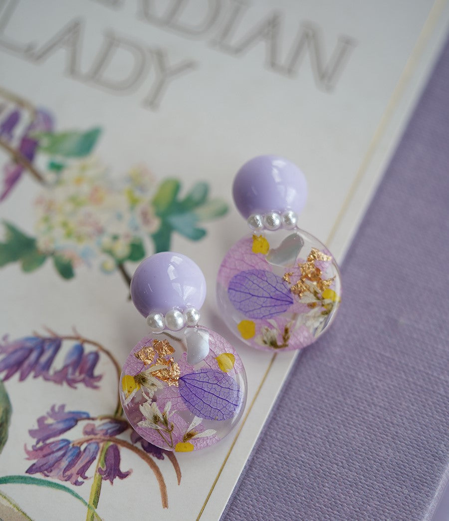 Purple Hydrangea handmade resin pressed multi flower dangle/ clip-ons earrings, resin dried/ real flower jewelry with Hypoallergenic S925 Sterling Silver