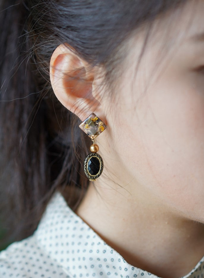 Elegant Black handmade resin pressed multi flower stud/ clip-ons earrings, resin dried/ real flower jewelry with Hypoallergenic S925 Sterling Silver