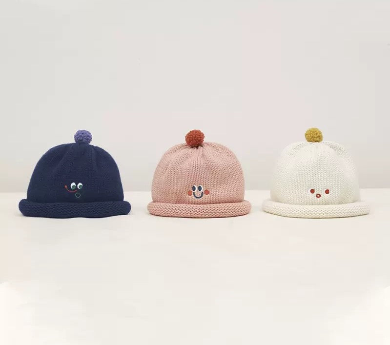 Cute Fashionable Knitted Beanie Hat Rolled Edge Unisex (White/ Pink Navy Blue) for school/ teenagers/ kids/ boys/ girls, suitable for travelling, going to school or casual hang out with friends.
