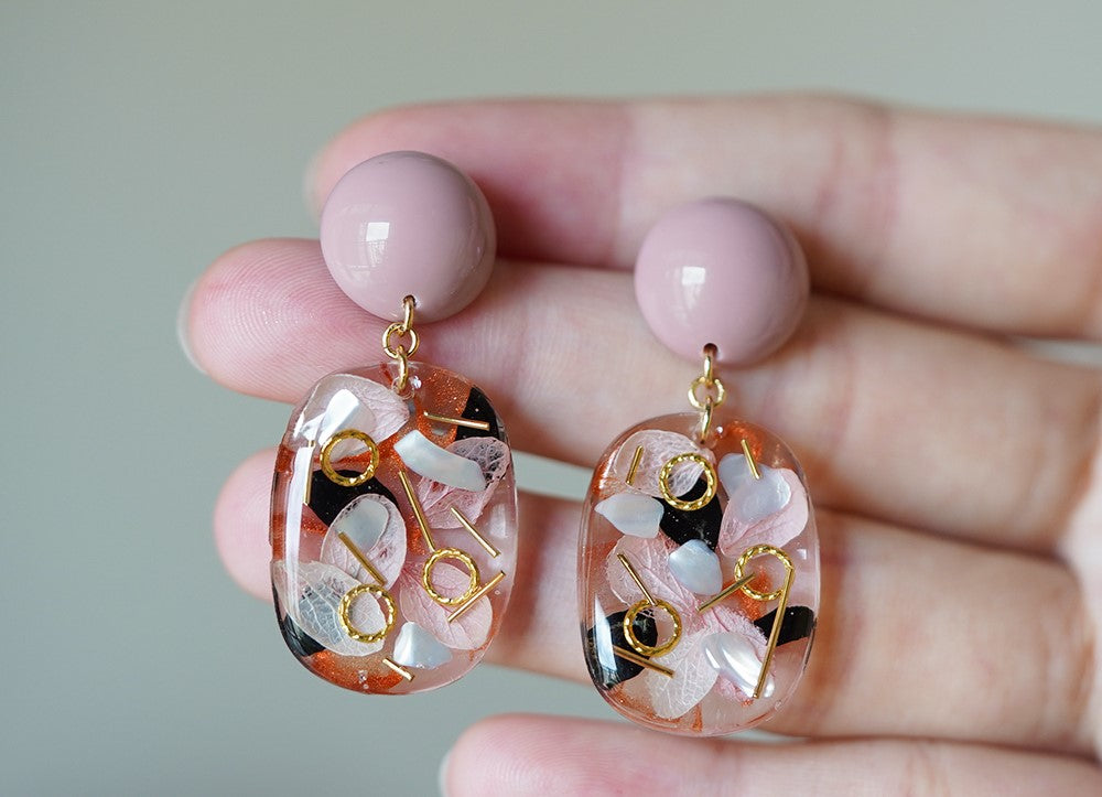 Vintage Pink handmade resin pressed multi flower dangle/ clip-ons earrings, resin dried/ real flower jewelry with Hypoallergenic S925 Sterling Silver