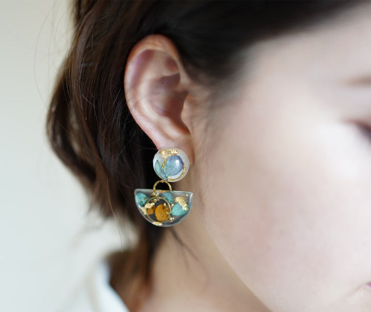 Gold Botanical elegant handmade resin pressed multi flower stud/ clip-ons summer earrings, resin dried/ real flower jewelry with Hypoallergenic S925 Sterling Silver