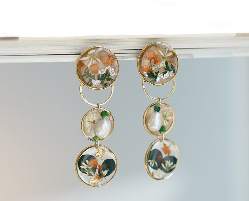 Spring garden handmade resin pressed multi flower dangle/ clip-ons earrings, resin dried/ real flower jewelry with Hypoallergenic S925 Sterling Silver