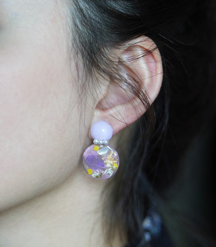 Purple Hydrangea handmade resin pressed multi flower dangle/ clip-ons earrings, resin dried/ real flower jewelry with Hypoallergenic S925 Sterling Silver