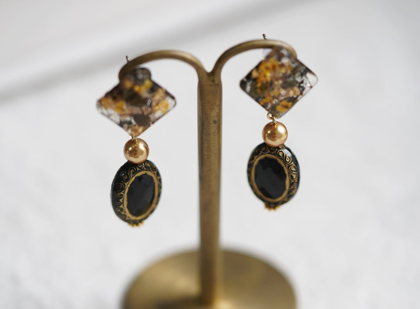 Elegant Black handmade resin pressed multi flower stud/ clip-ons earrings, resin dried/ real flower jewelry with Hypoallergenic S925 Sterling Silver