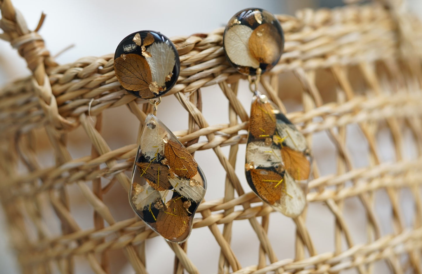 Autumn Garden handmade resin pressed multi flower dangle/ clip-ons earrings, resin dried/ real flower jewelry with Hypoallergenic S925 Sterling Silver