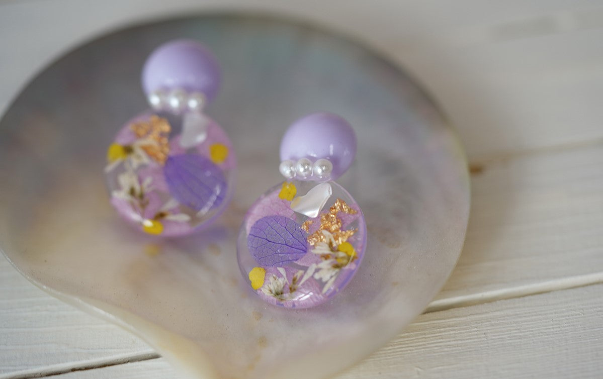 Purple Hydrangea handmade resin pressed multi flower dangle/ clip-ons earrings, resin dried/ real flower jewelry with Hypoallergenic S925 Sterling Silver
